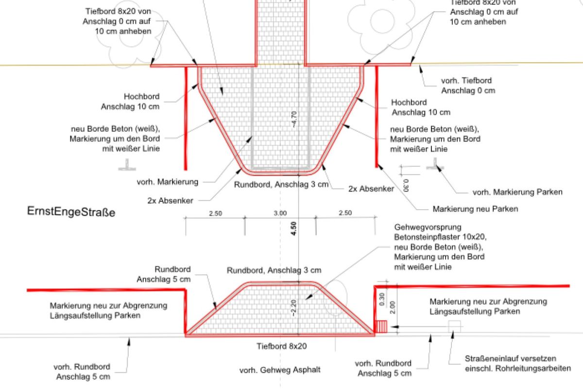 Ein komplexer Bauplan einer Querungsstelle mit Maßen und Rchtungsangaben wie auch Materialangaben