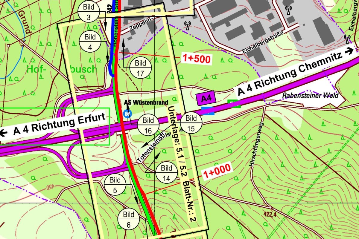 eine Zeichnung von einem Radwegprogramm an der S244 mit verschiedenen eingezeichneten Straßen, eingezeichnetem Wald und Fahrradwegen